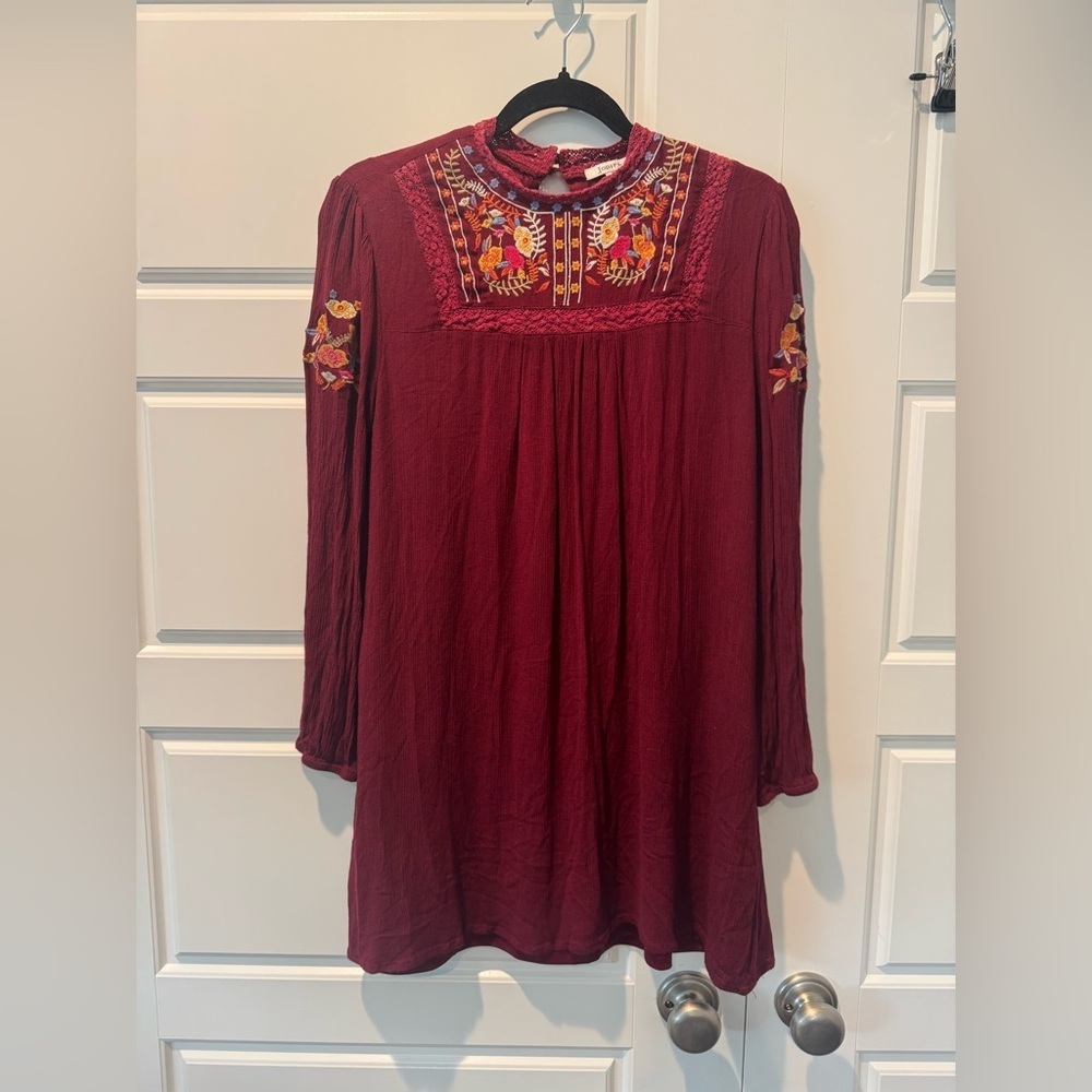Jodiful Bohemian Style Maroon Long Sleeve Mock Neck Mini Dress Embroidered Small